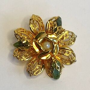 Authentic vintage filigree gold flower brooch pin with green stones and pearl